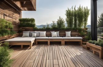 Holz Terrassenfliesen und Blumenkästen: Grüne Akzente setzen