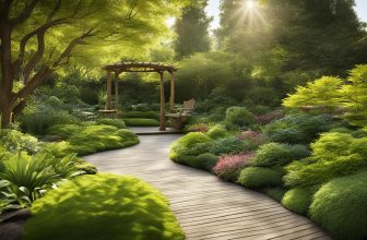 Natürliche Harmonie von Holz und Pflanzen im Garten