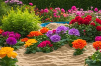 Sandkästen mit Gartengestaltung: Blumen und Pflanzen