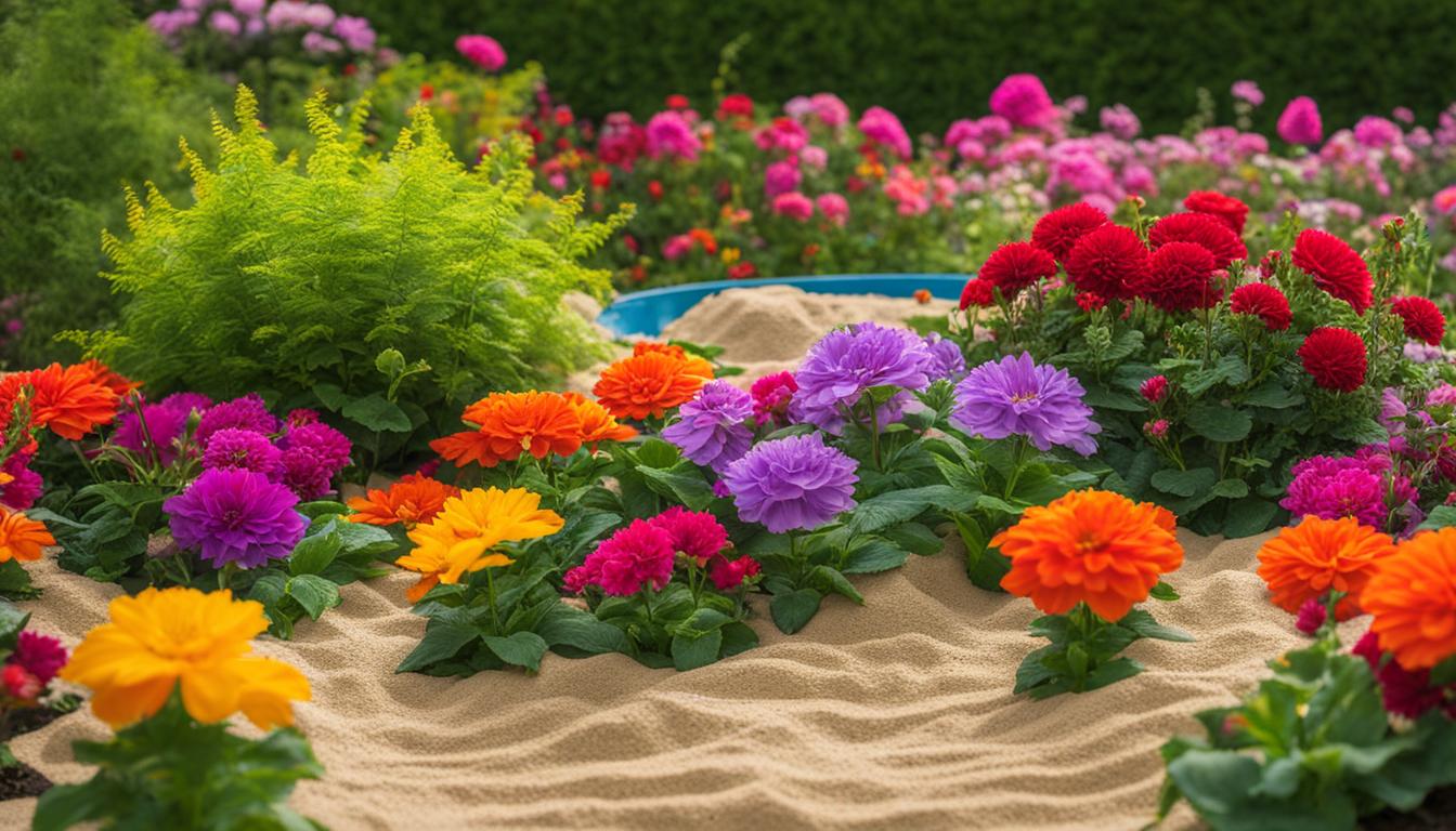 Sandkästen mit Gartengestaltung: Blumen und Pflanzen