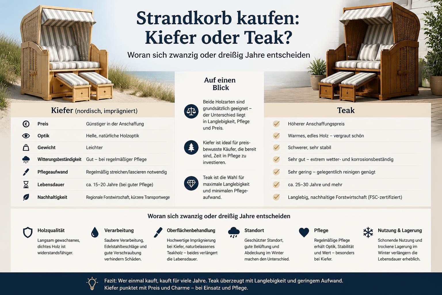 Strandkorb kaufen: Kiefer oder Teak, und woran sich zwanzig oder dreißig Jahre entscheiden
