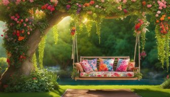 Doppelschaukeln mit Gartengestaltung: Blumen und Pflanzen